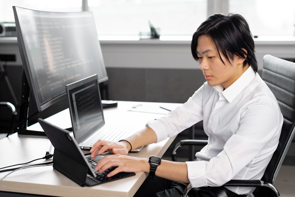 Programer u bijeloj majici usredotočen na kodiranje u modernom poslovnom prostoru